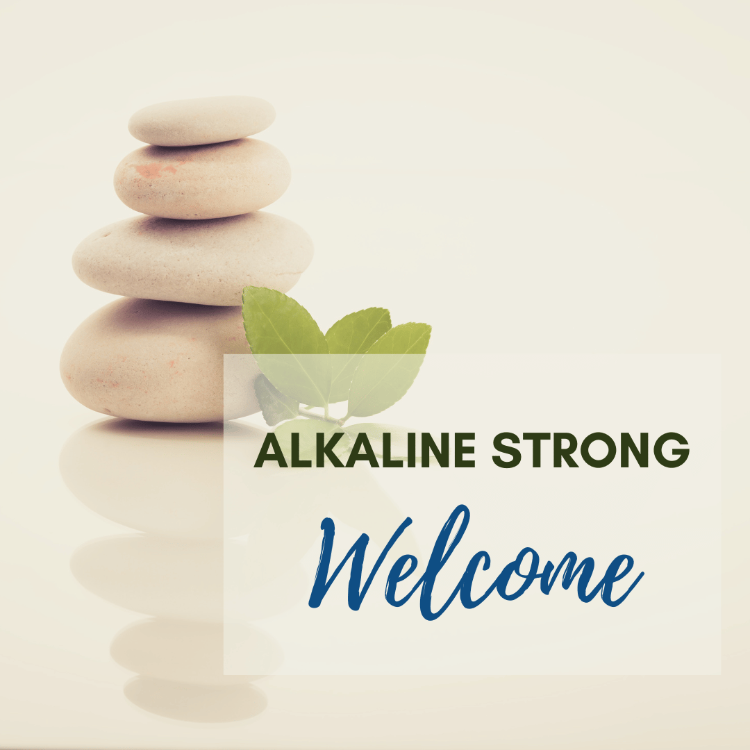 Welcome Section Cover A balanced column of stones with a sprig of green leaves. Text reads Alkaline Strong Welcome